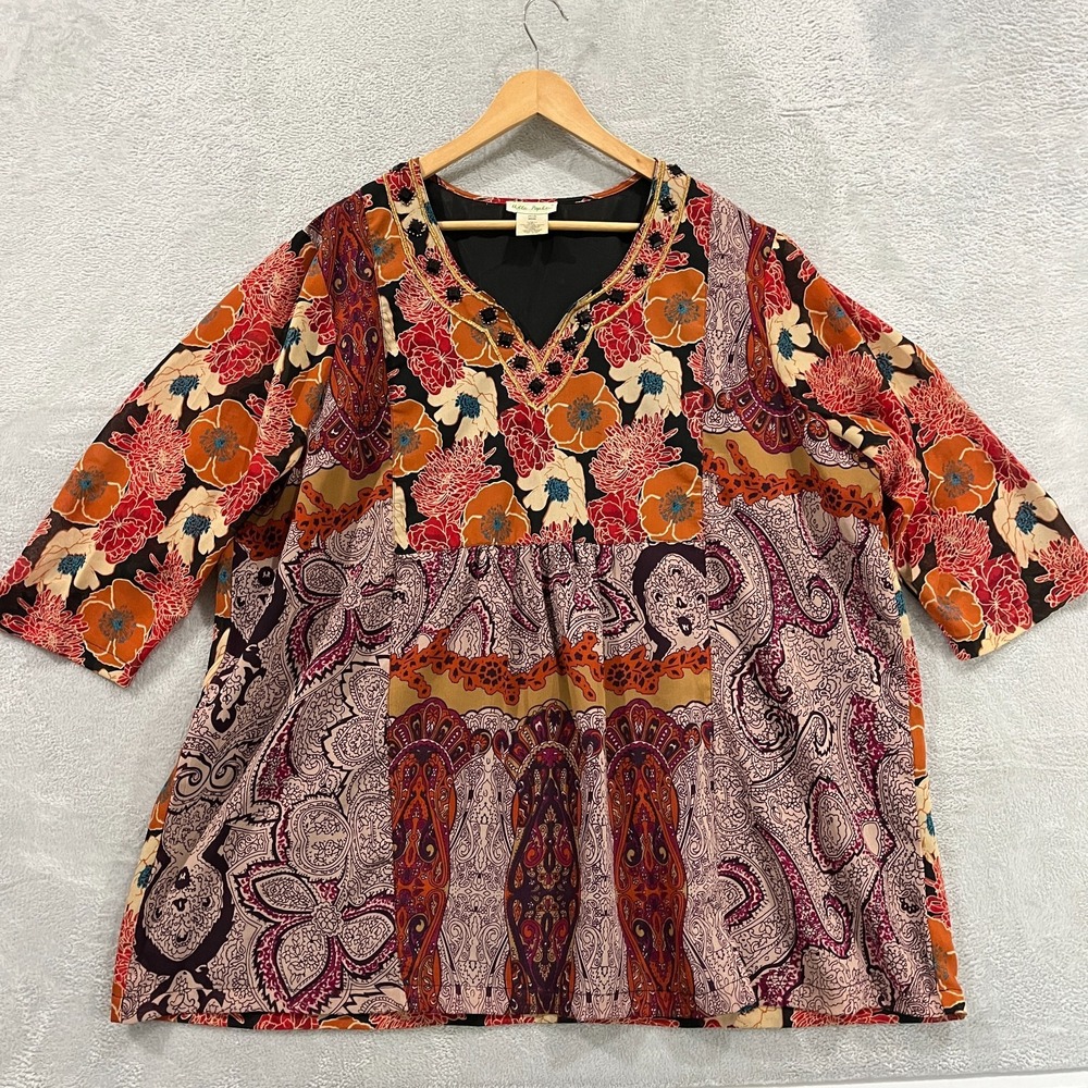 Ulla Popken Tunic Top Blouse Women 24/26 Boho 3/4 Sleeve Artsy Paisley Mature